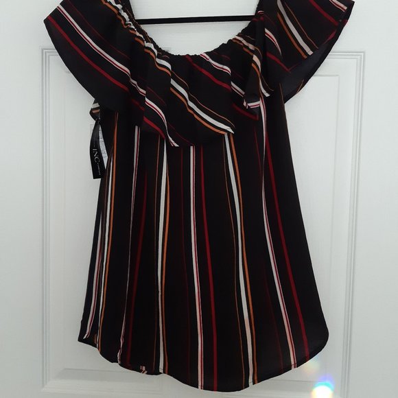 NWT INC medium ruffled off-shoulder striped peasant blouse - Picture 1 of 6
